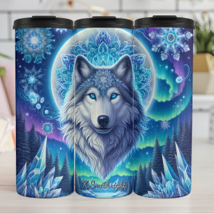 A Mystical Wolf Head Under a Moon Thermal Tumbler