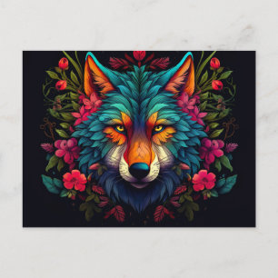 a mystical wolf surrounded by flowers postcard