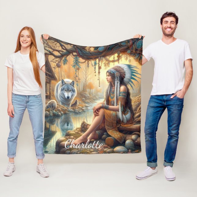 A Native Indian girl and a wolf by a serene river Fleece Blanket (In Situ)