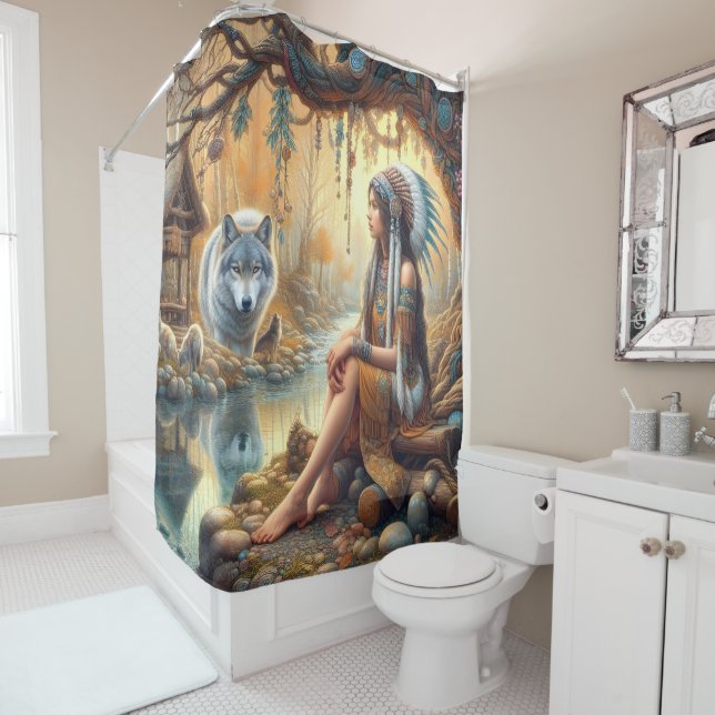 A Native Indian girl and a wolf by a serene river Shower Curtain (In Situ)