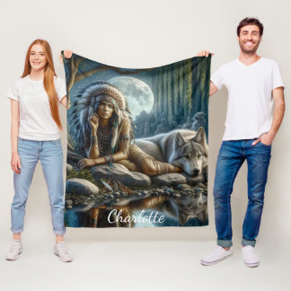 A Native Indian woman and her loyal wolf companion Fleece Blanket