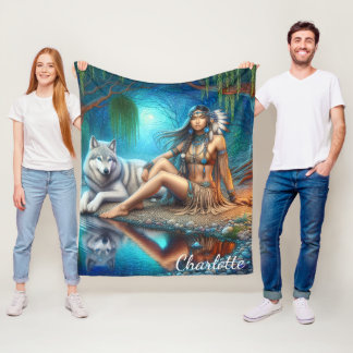 A Native Indian woman and her loyal wolf companion Fleece Blanket