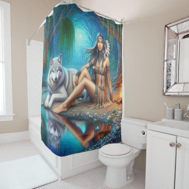 A Native Indian woman and her loyal wolf companion Shower Curtain (In Situ)