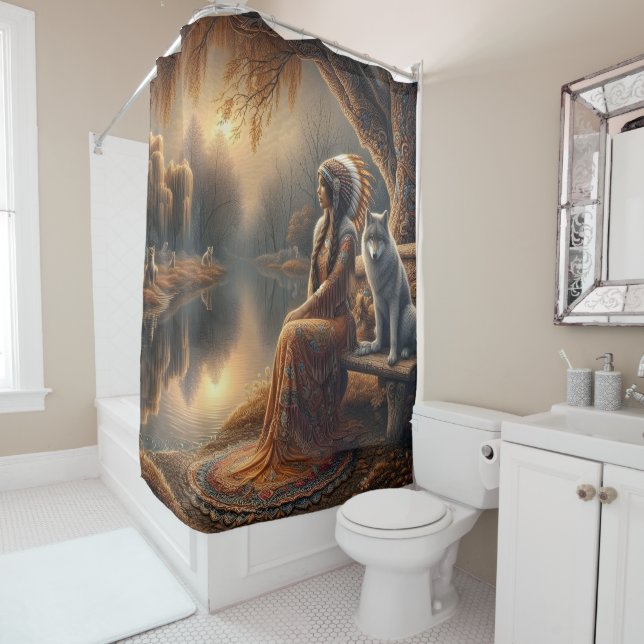 A Native Indian woman and her loyal wolf companion Shower Curtain (In Situ)