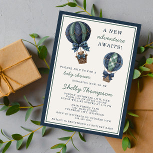 A New Adventure Hot Air Balloon Blue Baby Shower Invitation