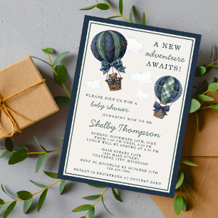 A New Adventure Hot Air Balloon Blue Baby Shower Invitation