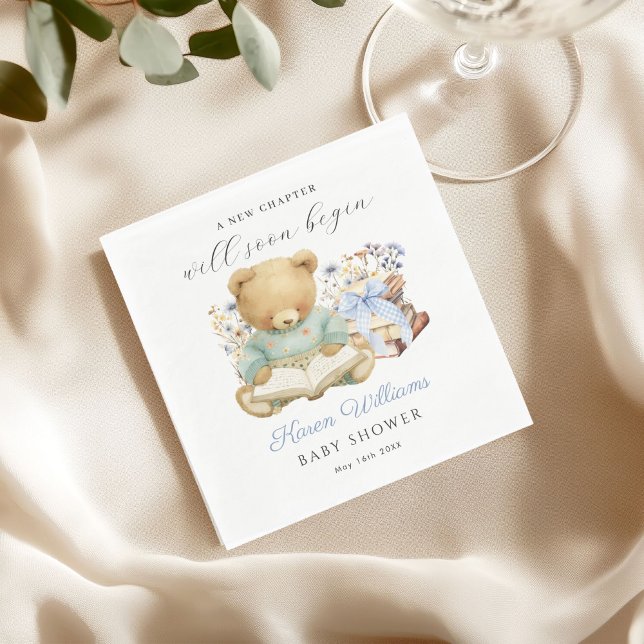 A New Chapter Begin Bear Book Baby Shower Napkin (A new chapter will soon begin Bear books baby shower napkin)