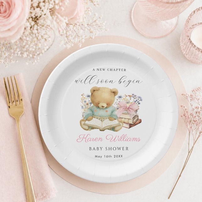 A New Chapter Begins Bear & Books Paper Plate (Elegant "A new chapter will soon begin" Baby Shower girl paper plates)