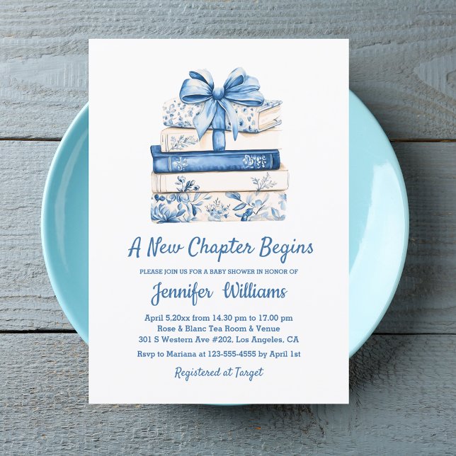 a new chapter begins blue bow books baby shower  invitation (Creator Uploaded)