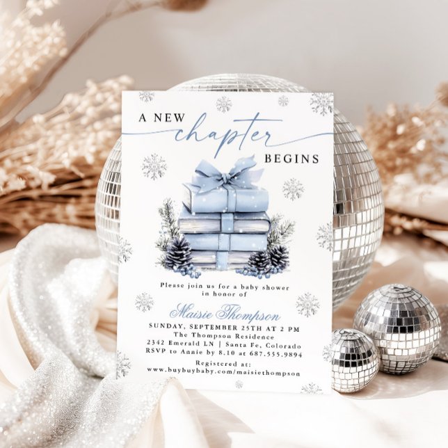 A New Chapter Begins Blue Bow Winter Baby Shower Invitation (Creator Uploaded)