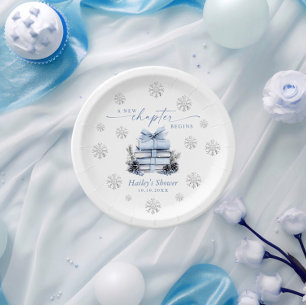 A New Chapter Begins, Blue Bow Winter Baby Shower Paper Plate