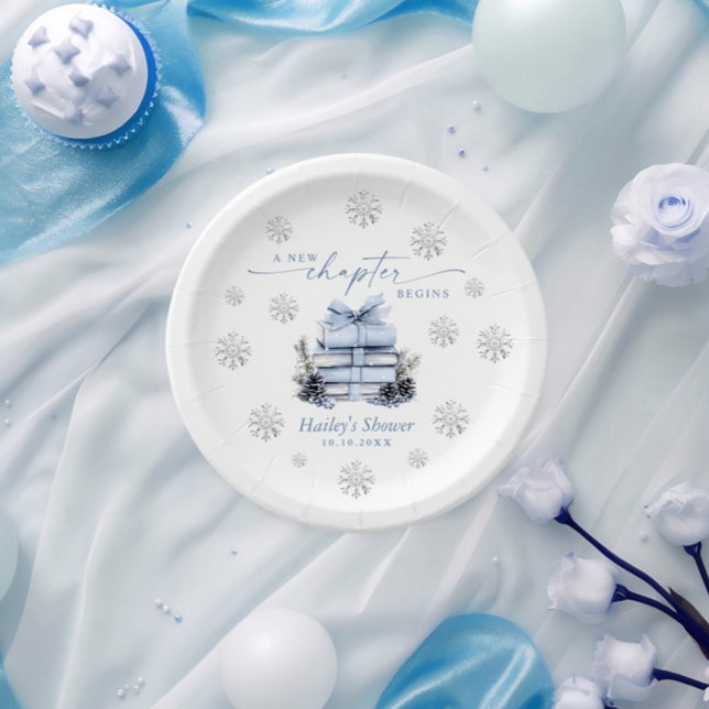 A New Chapter Begins, Blue Bow Winter Baby Shower Paper Plate (Creator Uploaded)