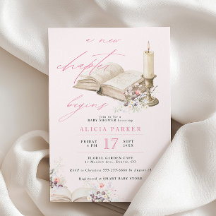 A new chapter begins book pink girl baby shower invitation