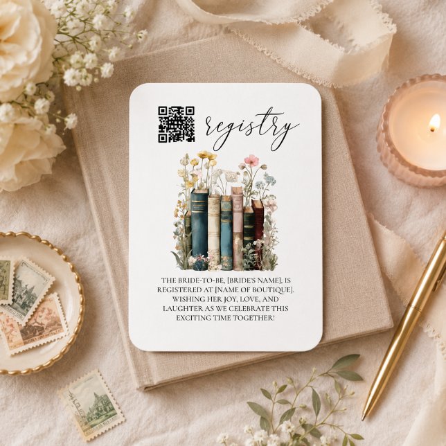 A New Chapter Begins Bridal Shower Invitation (Registry Card with books and wildflowers
)