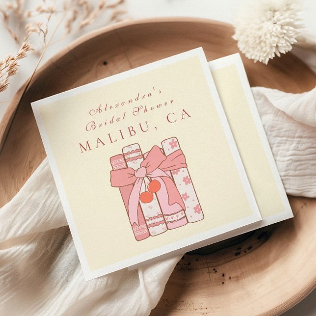A new chapter begins cherry bow pink bridal shower napkin (Creator Uploaded)