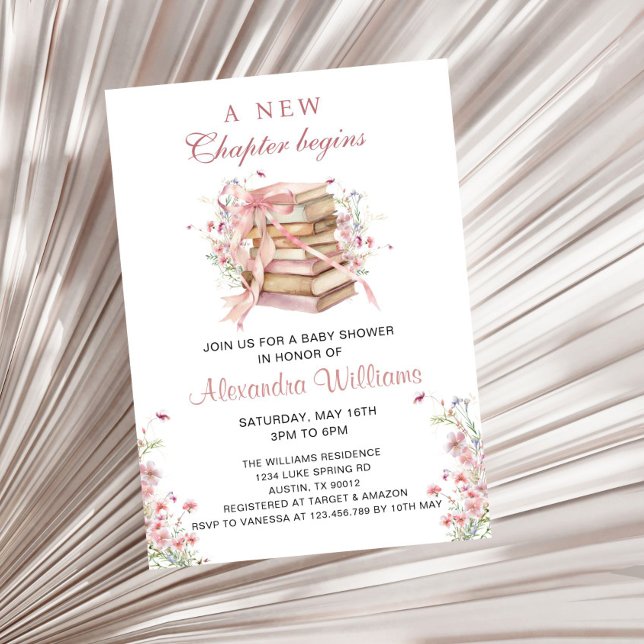 A New Chapter Begins Coquette Books Baby Shower Invitation (A New Chapter Begin Pink Coquette Bow Baby Shower Invitation)