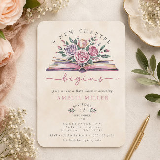 A New Chapter Begins Floral Book Baby Shower  Invitation