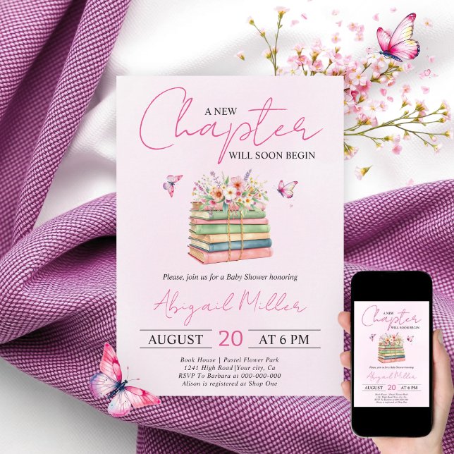 A New Chapter  Begins floral book girl baby shower Invitation (Creator Uploaded)