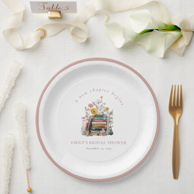A New Chapter Begins Floral Books Bridal Shower Paper Plate (Wedding)