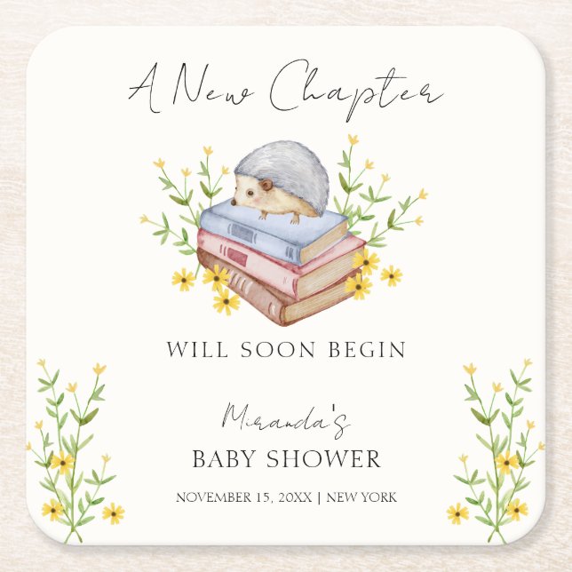 A New Chapter Begins Floral Hedgehog Baby Shower  Square Paper Coaster (Front)