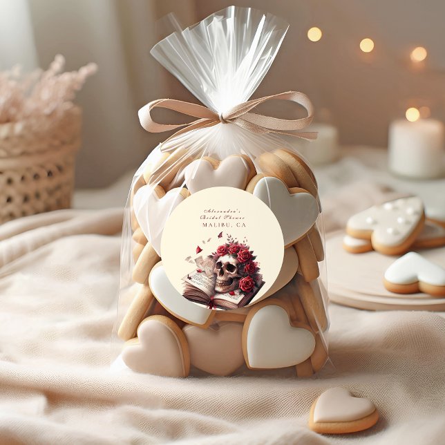 A new chapter begins gothic bridal shower classic round sticker (Creator Uploaded)