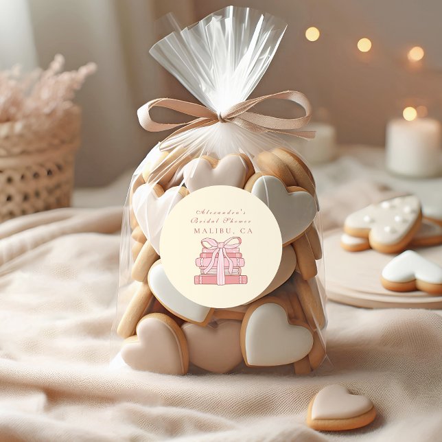 A new chapter begins pink books and bow classic round sticker (Creator Uploaded)