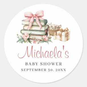 A New Chapter Begins Pink Bow Books Baby Shower Classic Round Sticker