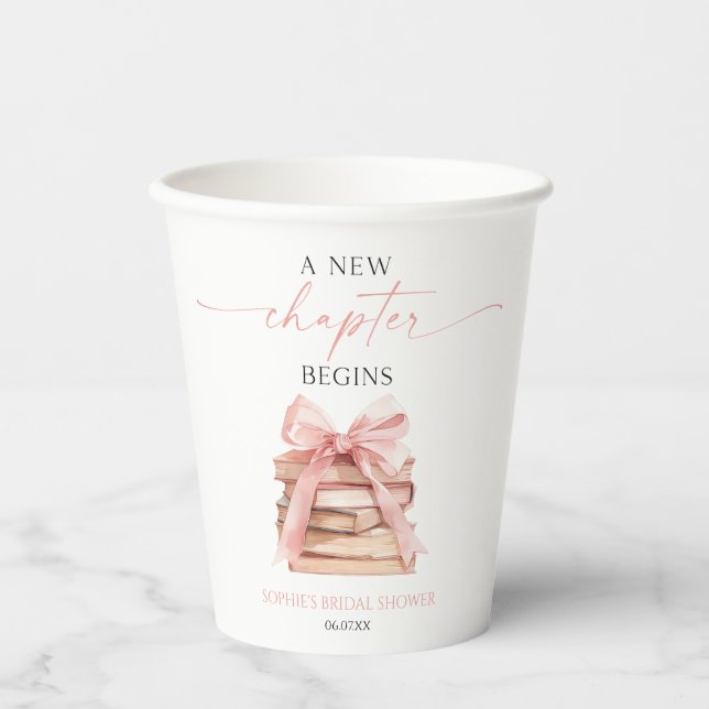 A New Chapter Begins Pink Bow Books Bridal Shower Paper Cups (Front)