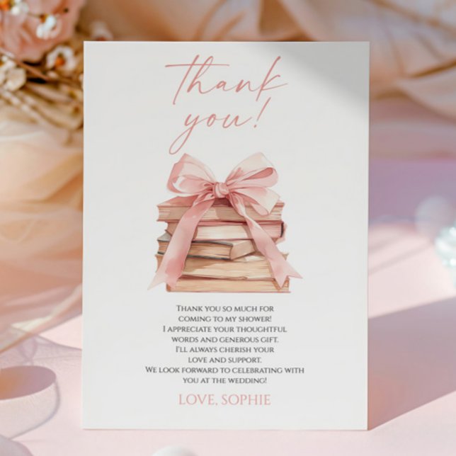 A New Chapter Begins Pink Bow Books Bridal Shower Thank You Card (Creator Uploaded)