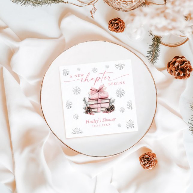 A New Chapter Begins, Pink Bow Winter Baby Shower Napkin (Creator Uploaded)
