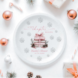 A New Chapter Begins, Pink Bow Winter Baby Shower Paper Plate