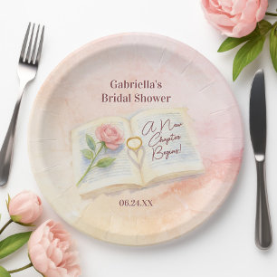A New Chapter Begins Pink Rose Book Bridal Shower Paper Plate