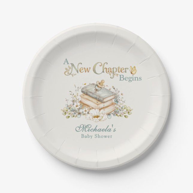 A New Chapter Begins Rustic Book Theme Baby Shower Paper Plate (Front)