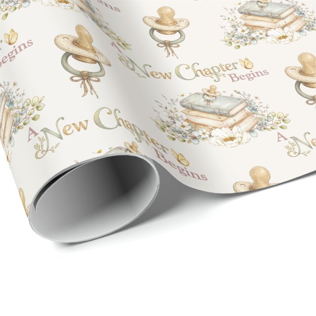 A New Chapter Begins Rustic Book Theme Baby Shower Wrapping Paper (Roll Corner)