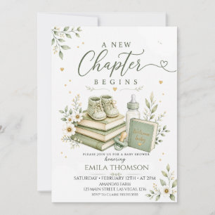A New Chapter Begins Sage Green Baby Shower  Invitation