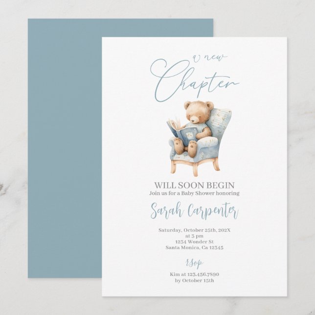 A New Chapter Begins Teddy Bear Baby Shower Boy Invitation (Front/Back)