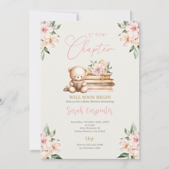 A New Chapter Begins Teddy Bear Baby Shower Girl Invitation (Front)