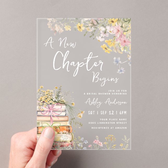 A New Chapter Begins Wildflower Bridal Shower Acrylic Invitations (Insitu (Handheld))