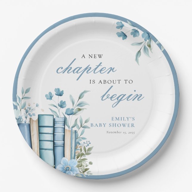 A New Chapter Blue Baby Shower Paper Plate (Front)