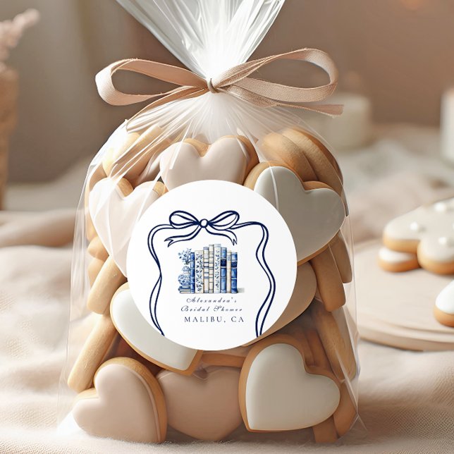 A New Chapter Blue Bow Bridal Shower Classic Round Sticker (Creator Uploaded)