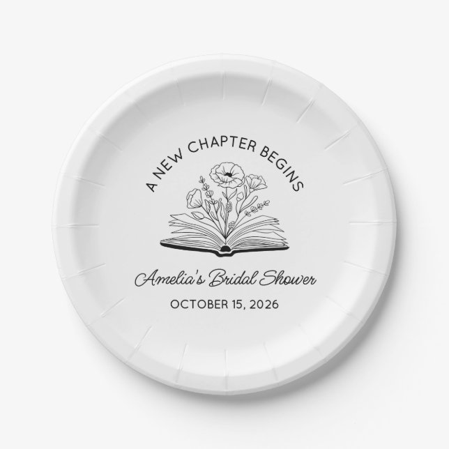 "A New Chapter" Bridal Shower Elegant Book Lover Paper Plate (Front)