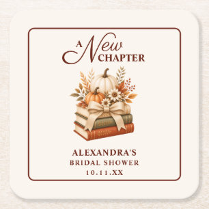 A New Chapter Fall Pumpkin Books Bridal Shower Square Paper Coaster