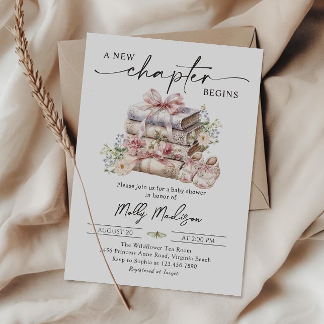 A New Chapter Floral Pink Bow Book Baby Shower Invitation (Creator Uploaded)