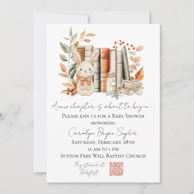 A New Chapter is about to begin baby shower invite (Front)
