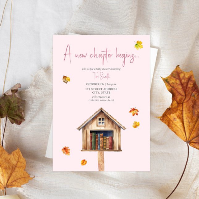 A New Chapter Library Fall Books Pink Baby Shower  Invitation (Creator Uploaded)