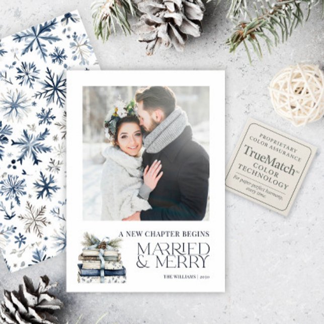 A New Chapter Married & Merry Blue Snowflake Photo Holiday Card (Creator Uploaded)