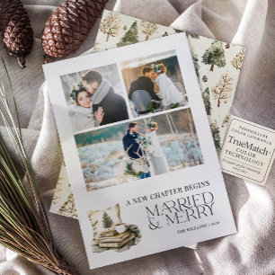 A New Chapter Married & Merry Cosy Neutral 3 Photo Holiday Card