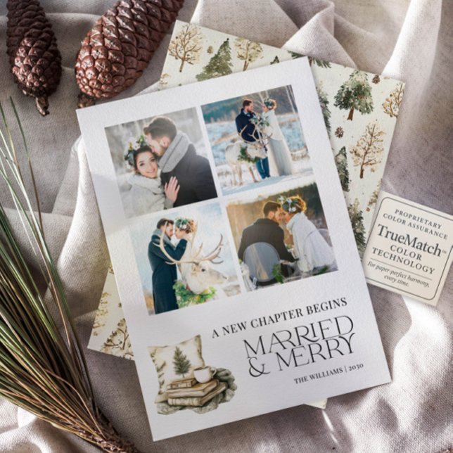 A New Chapter Married & Merry Cosy Neutral 4 Photo Holiday Card (Creator Uploaded)