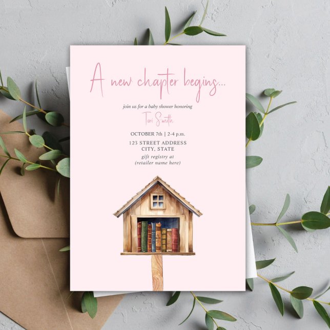 A New Chapter Mini Library Books Baby Shower Pink Invitation (Creator Uploaded)