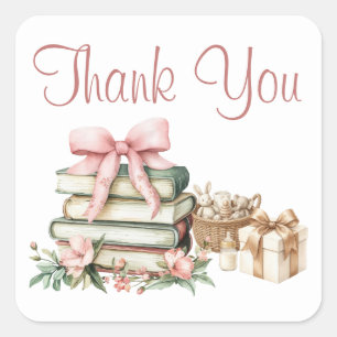 A New Chapter Pink Bow Books Baby Shower Thank You Square Sticker